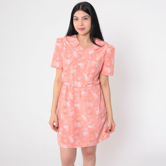 80s Pink Floral Mini Dress Puff Sleeve High Waisted Johnny Collar Small