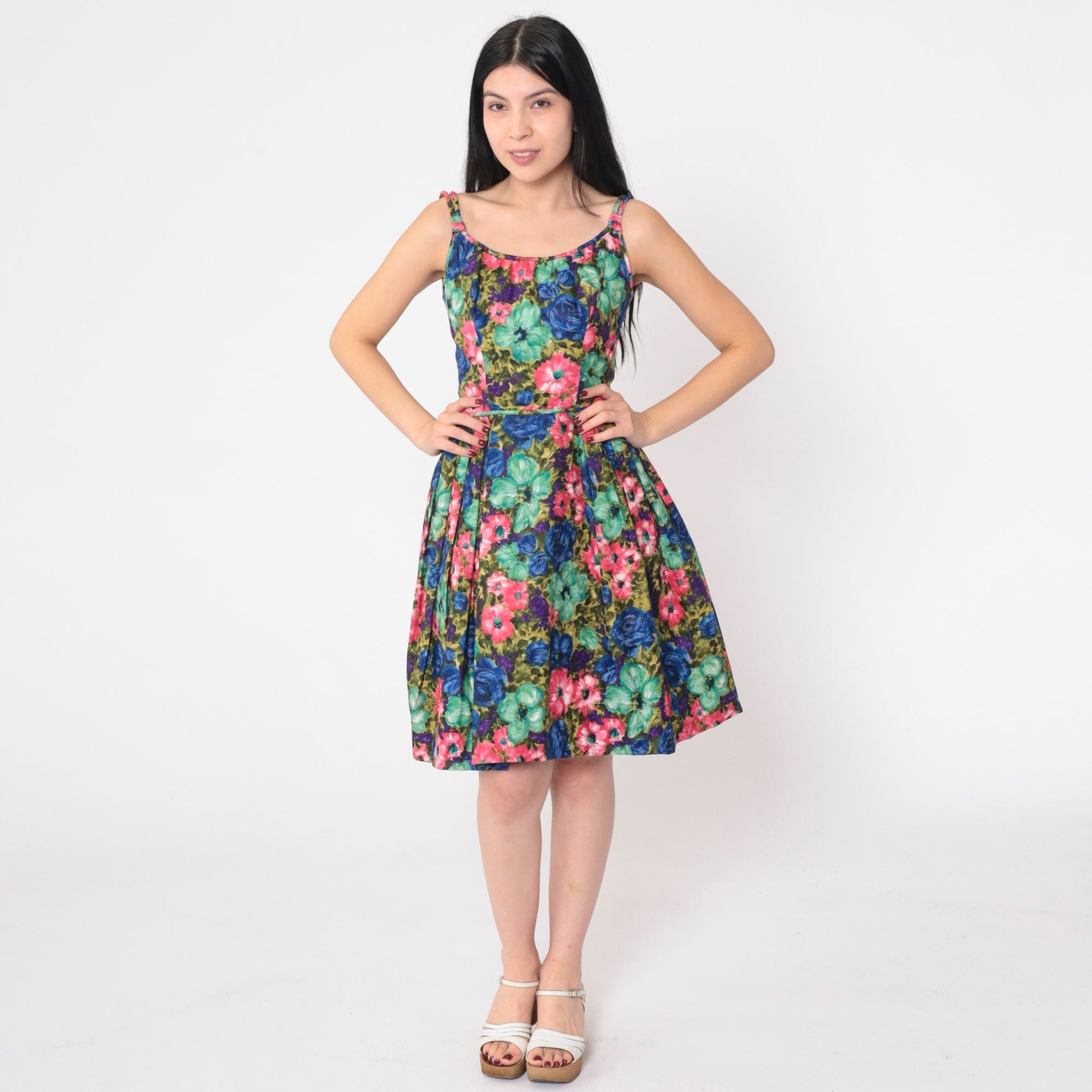 60s Floral Mini Dress High Waist Sleeveless Full Skirt Cocktail XXS