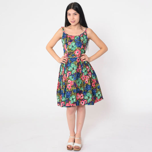 60s Floral Mini Dress High Waist Sleeveless Full Skirt Cocktail XXS