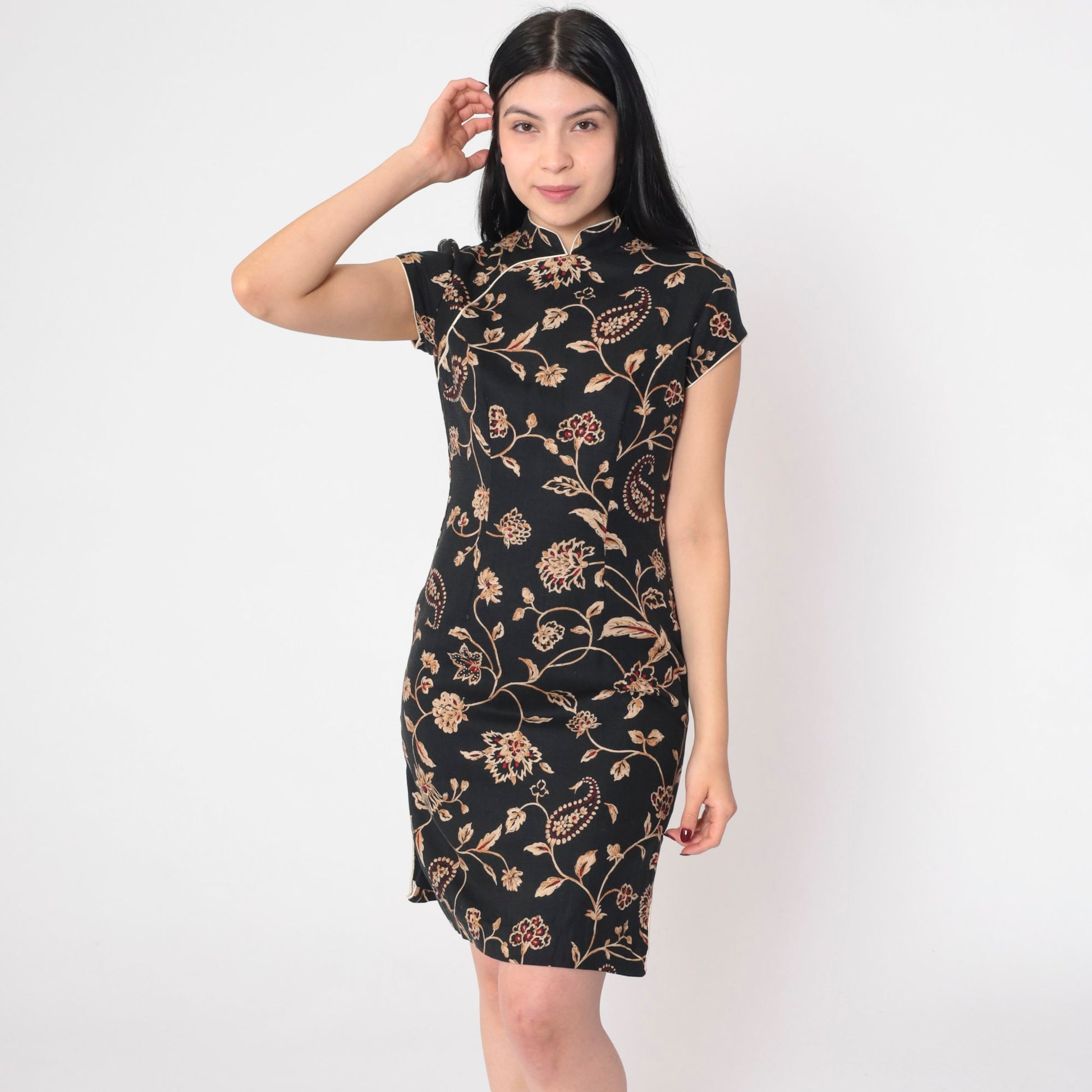 90s Black Floral Mini Dress Gold Red Asian Print Mandarin Collar Small