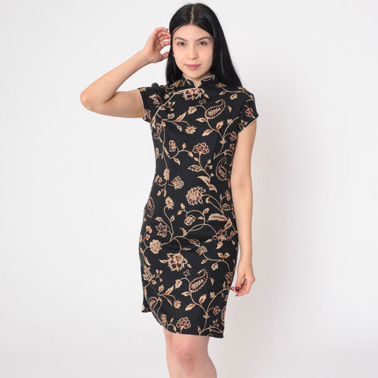 90s Black Floral Mini Dress Gold Red Asian Print Mandarin Collar Small