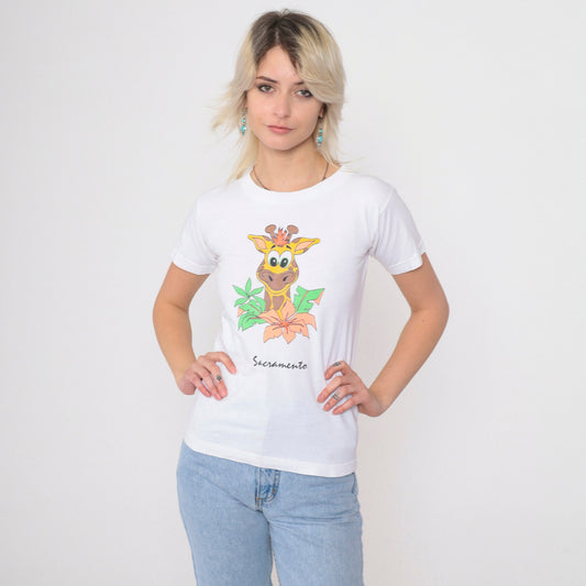 90s Sacramento Zoo Giraffe T-Shirt White Graphic Tee Appliqué XXS
