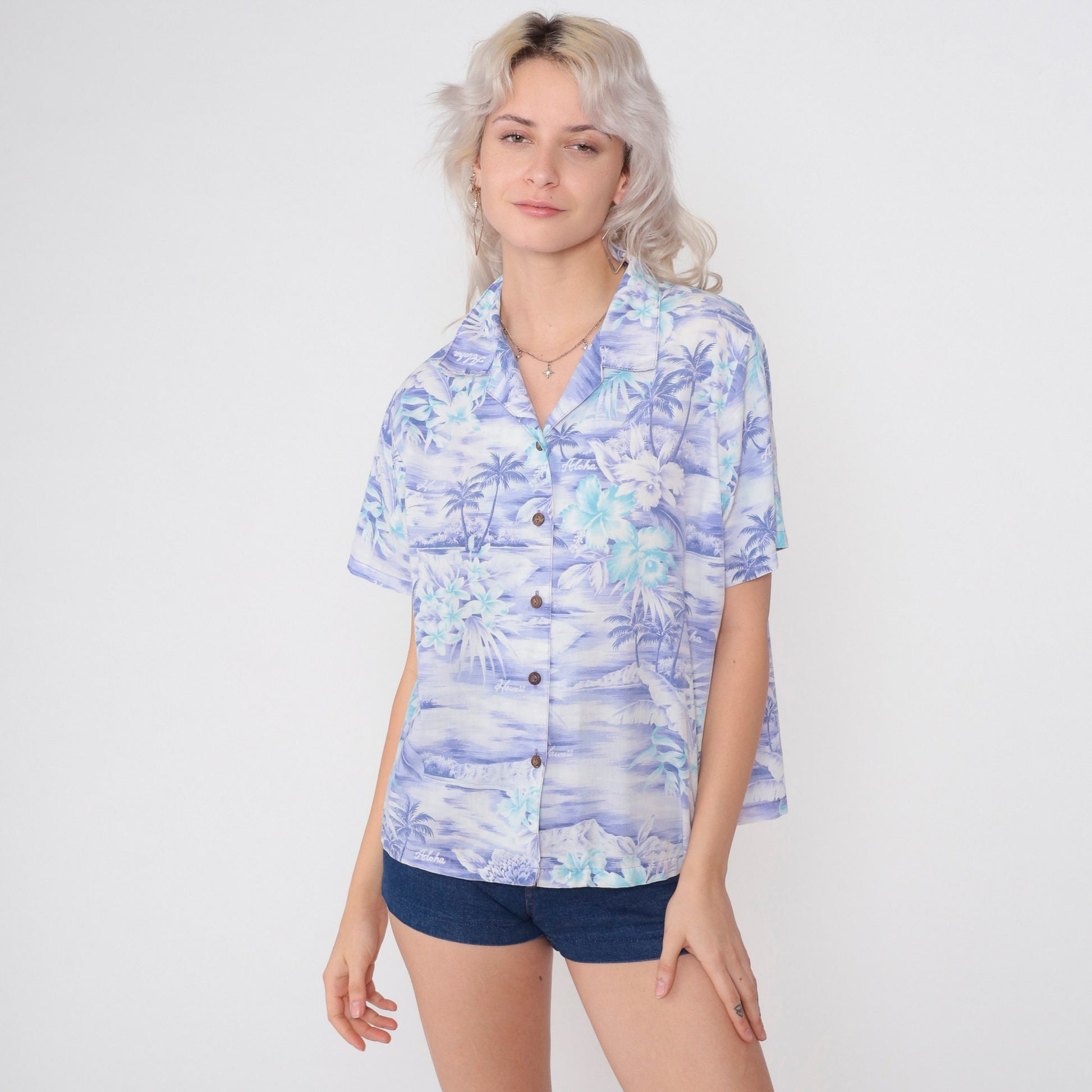 90s Purple Hawaiian Shirt Tropical Floral Aloha Print Button Up Medium M