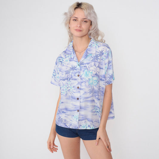 90s Purple Hawaiian Shirt Tropical Floral Aloha Print Button Up Medium M