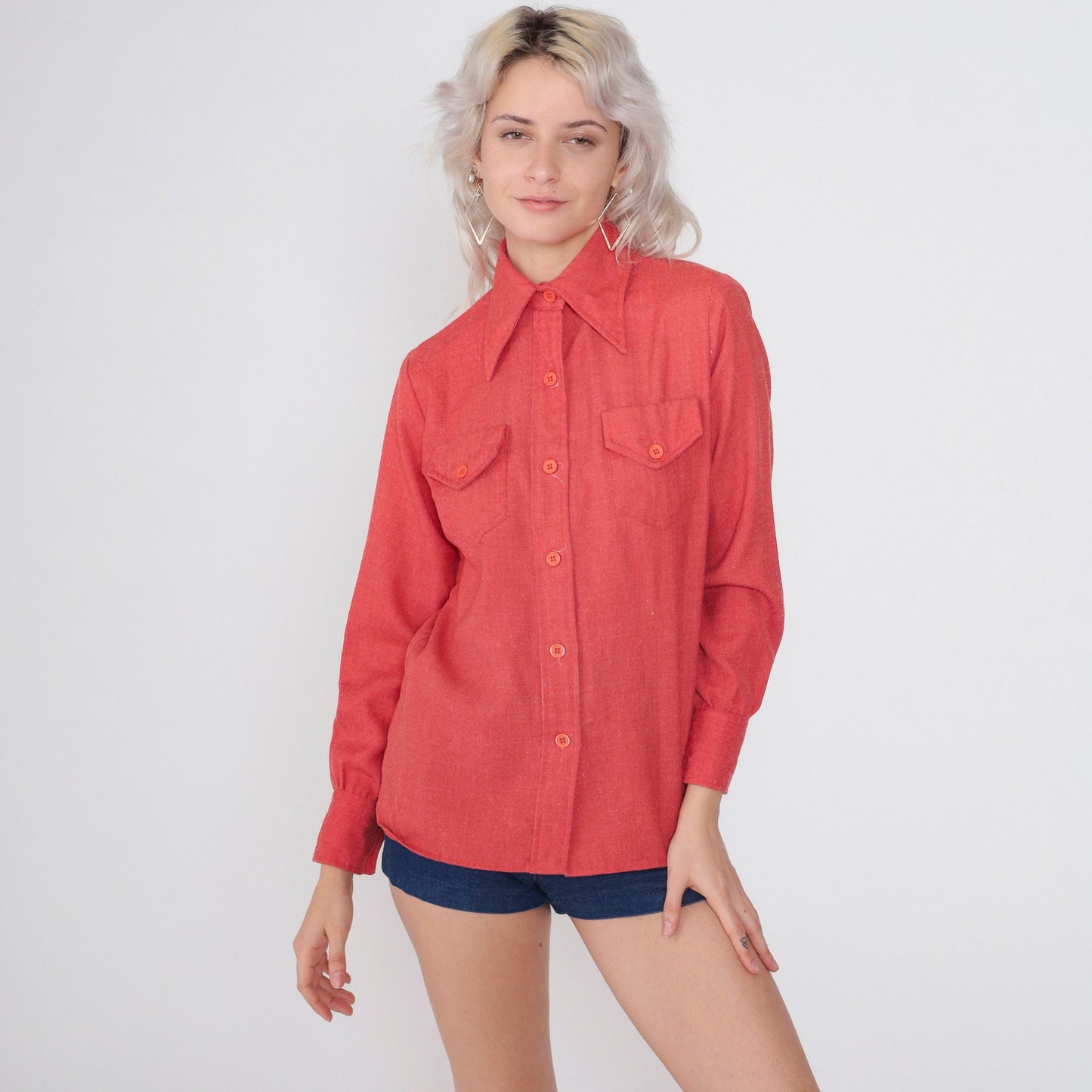 70s Lady Manhattan Red Button-Up Blouse Dagger Collar Long Sleeve Medium