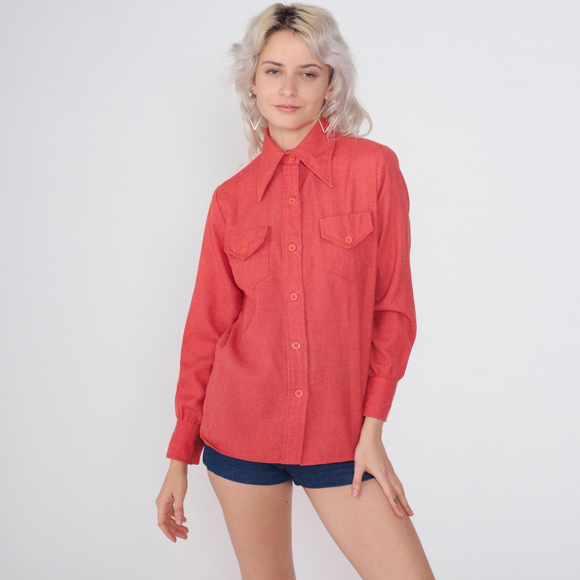 70s Lady Manhattan Red Button-Up Blouse Dagger Collar Long Sleeve Medium