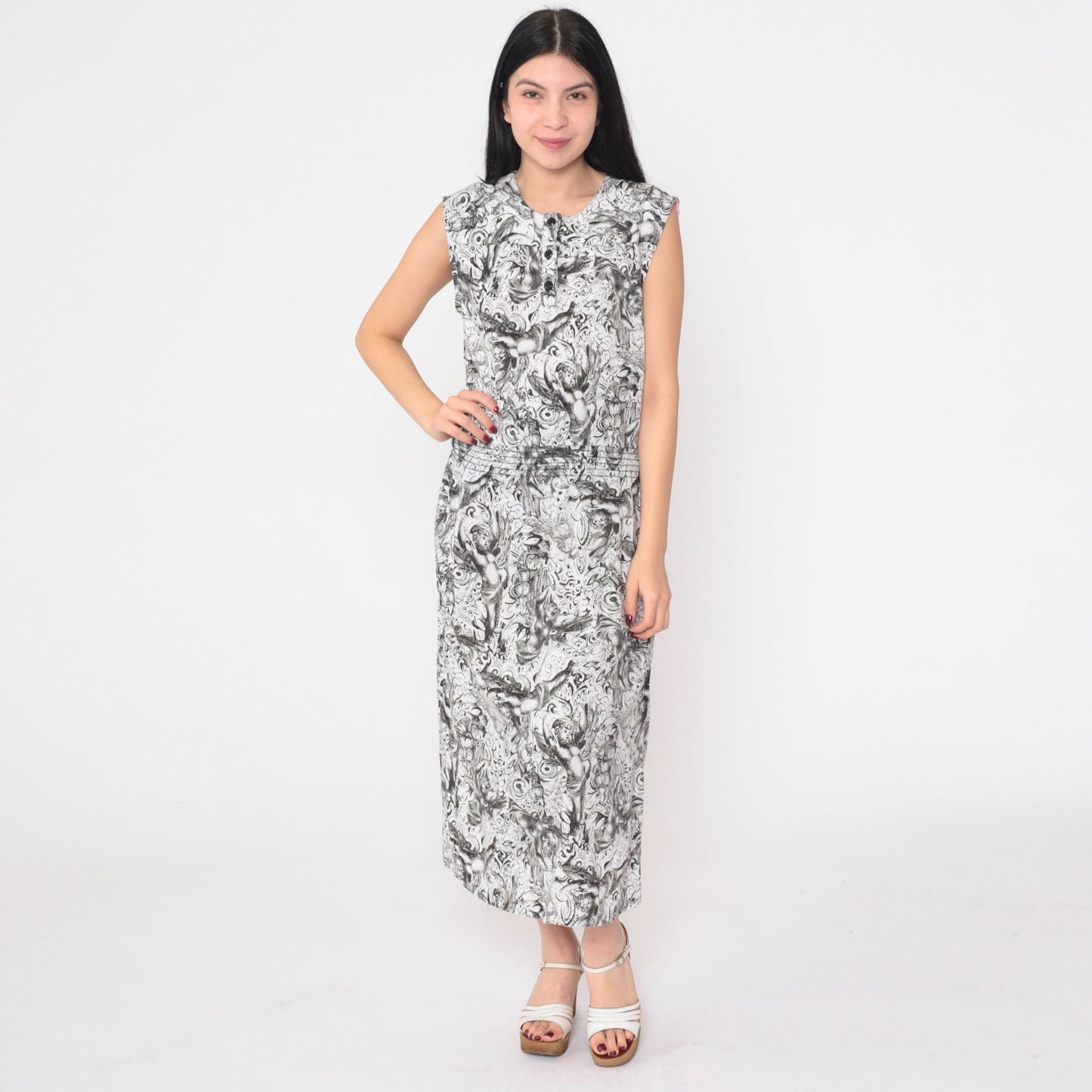 90s Black and White Cherub Print Midi Dress Sleeveless Button Front Small S