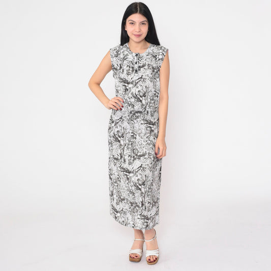 90s Black and White Cherub Print Midi Dress Sleeveless Button Front Small S