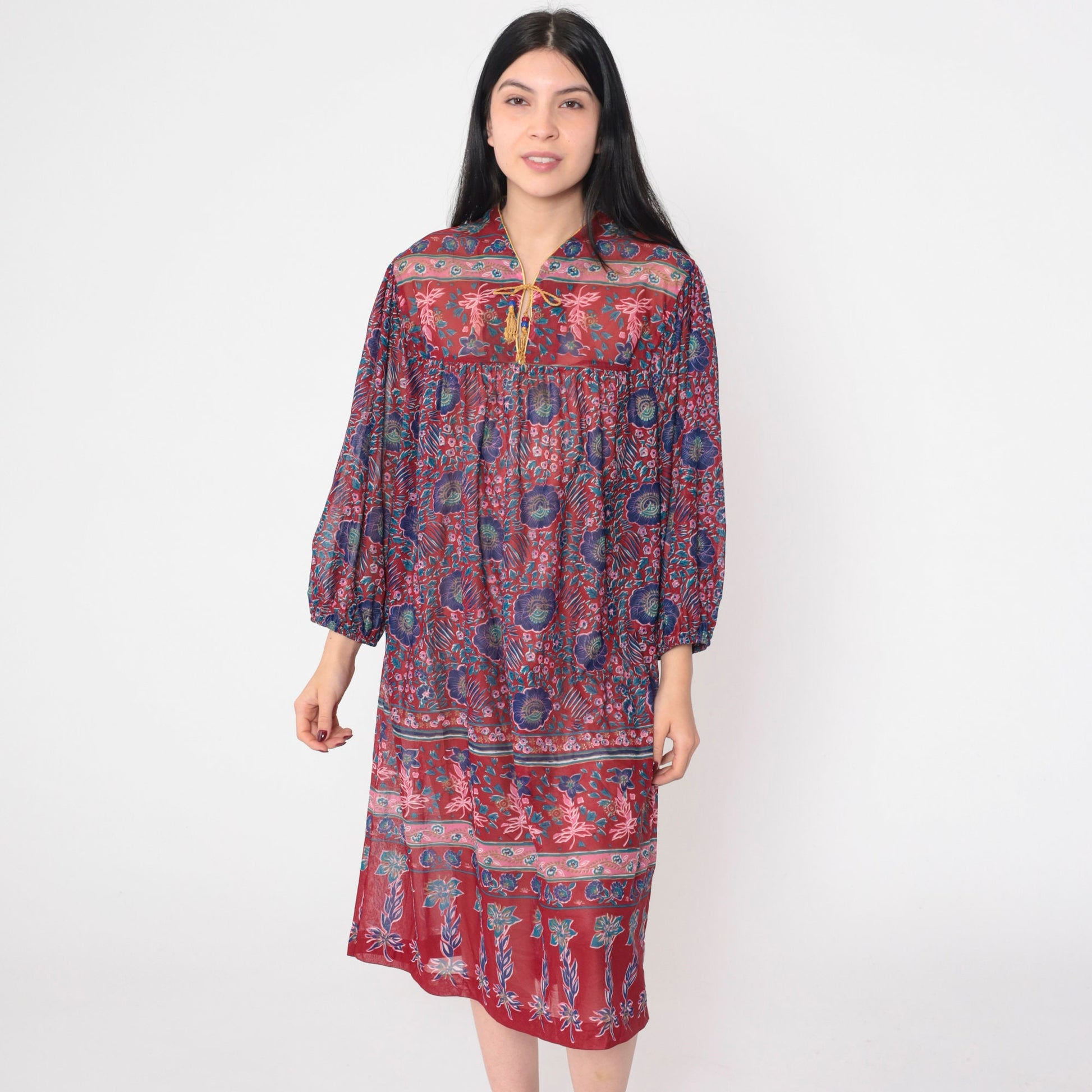 70s Tabby California Midi Dress Indian Floral Print Long Sleeve Red Blue XL