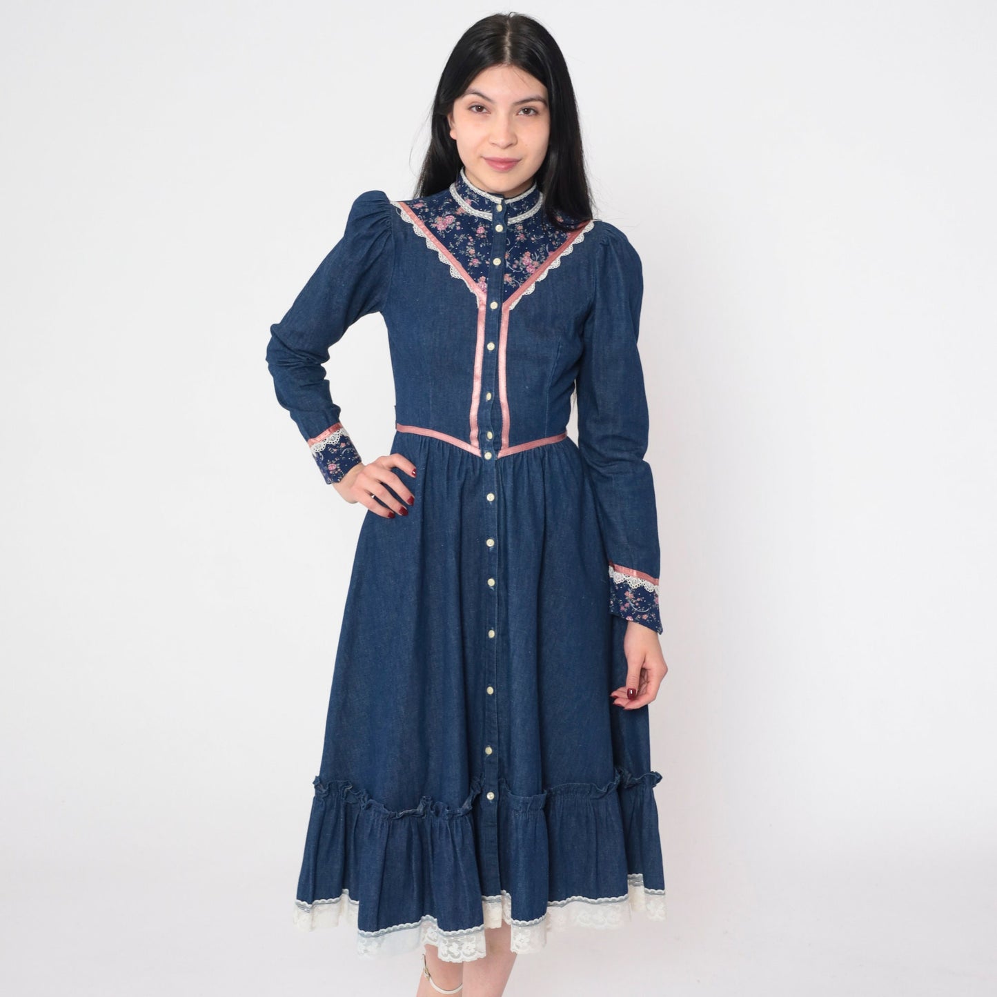 70s Gunne Sax Prairie Dress Blue Denim Calico Floral Puff Sleeve Midi XXS