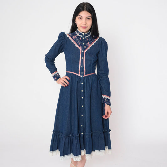 70s Gunne Sax Prairie Dress Blue Denim Calico Floral Puff Sleeve Midi XXS
