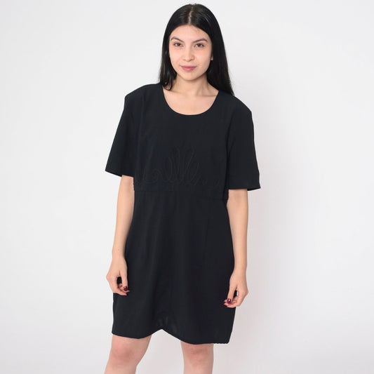 90s Kathie Lee Black Mini Shift Dress Soutache Trim Short Sleeve Large