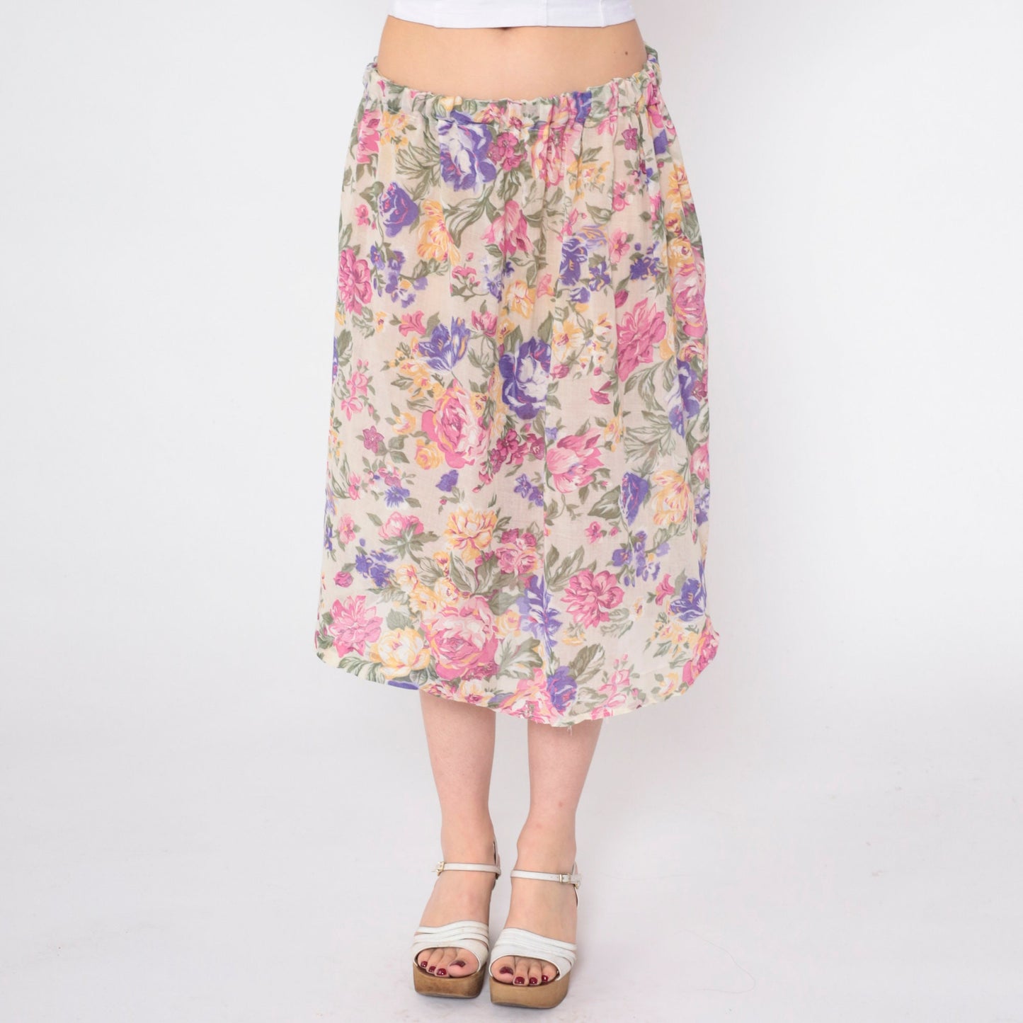 80s Floral Midi Skirt Elastic Waist Rose Print Pink Purple Tan Medium Large