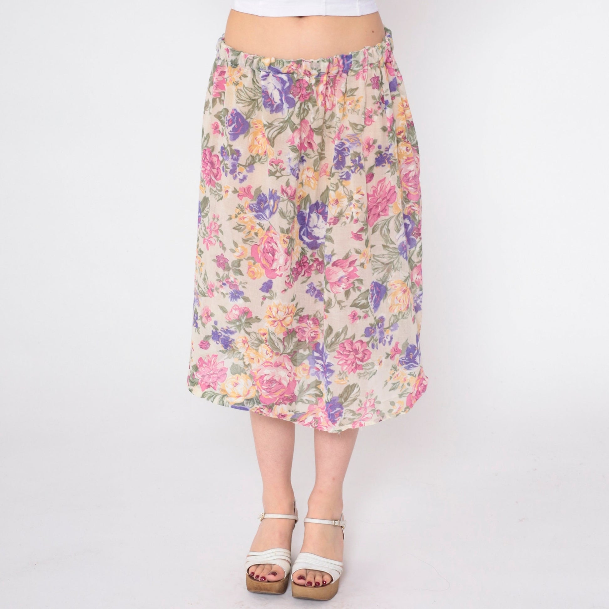 80s Floral Midi Skirt Elastic Waist Rose Print Pink Purple Tan Medium Large