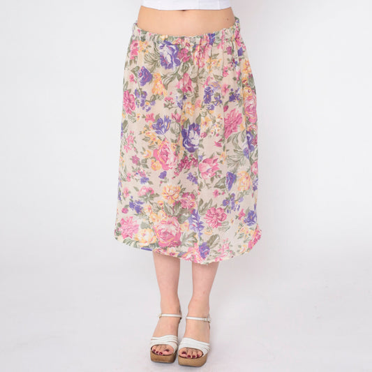 80s Floral Midi Skirt Elastic Waist Rose Print Pink Purple Tan Medium Large