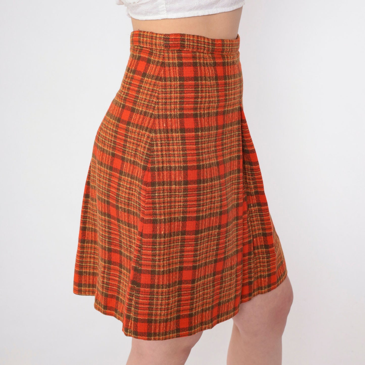 60s Red Plaid Wool Blend Mini Skirt High Waisted Pleated Small
