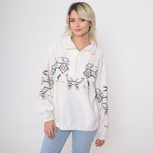90s Art Unlimited Wyoming Southwestern Fleece Sweatshirt White Quarter Zip Large