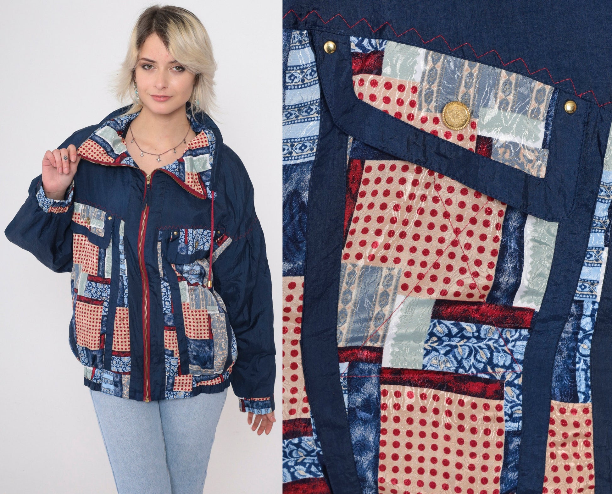 90s Patchwork Windbreaker Blue Zip Jacket Floral Geometric Polka Dot Large L