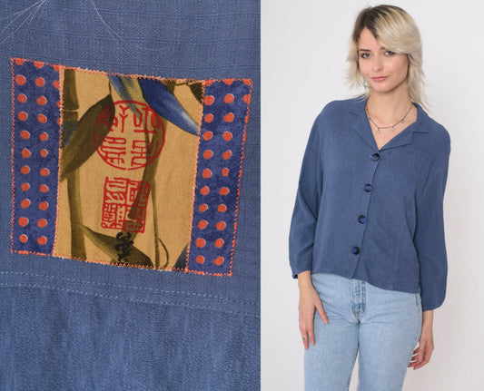 90s Blue Button Up Blouse Asian Chop Stamp Print Textured Yoke Small
