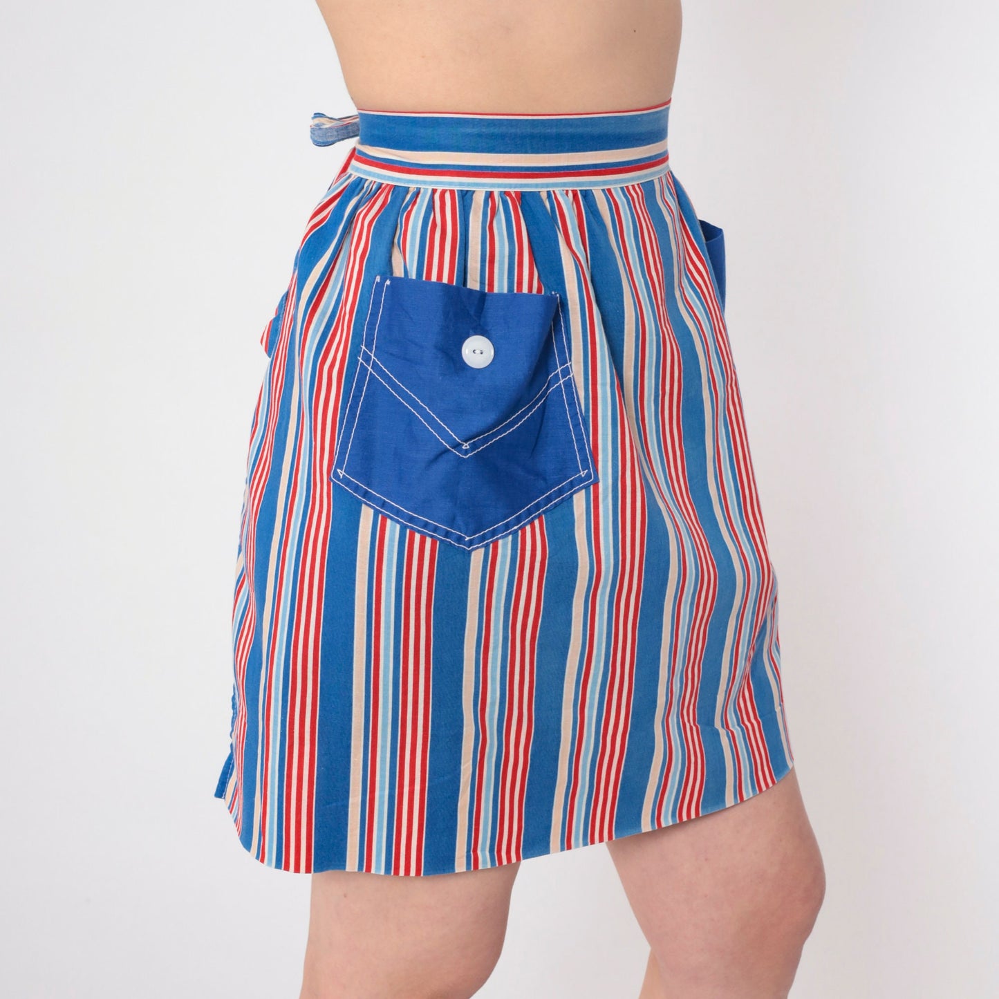 60s Reversible Half Apron Mini Striped Red White Blue Open Back Extra Small