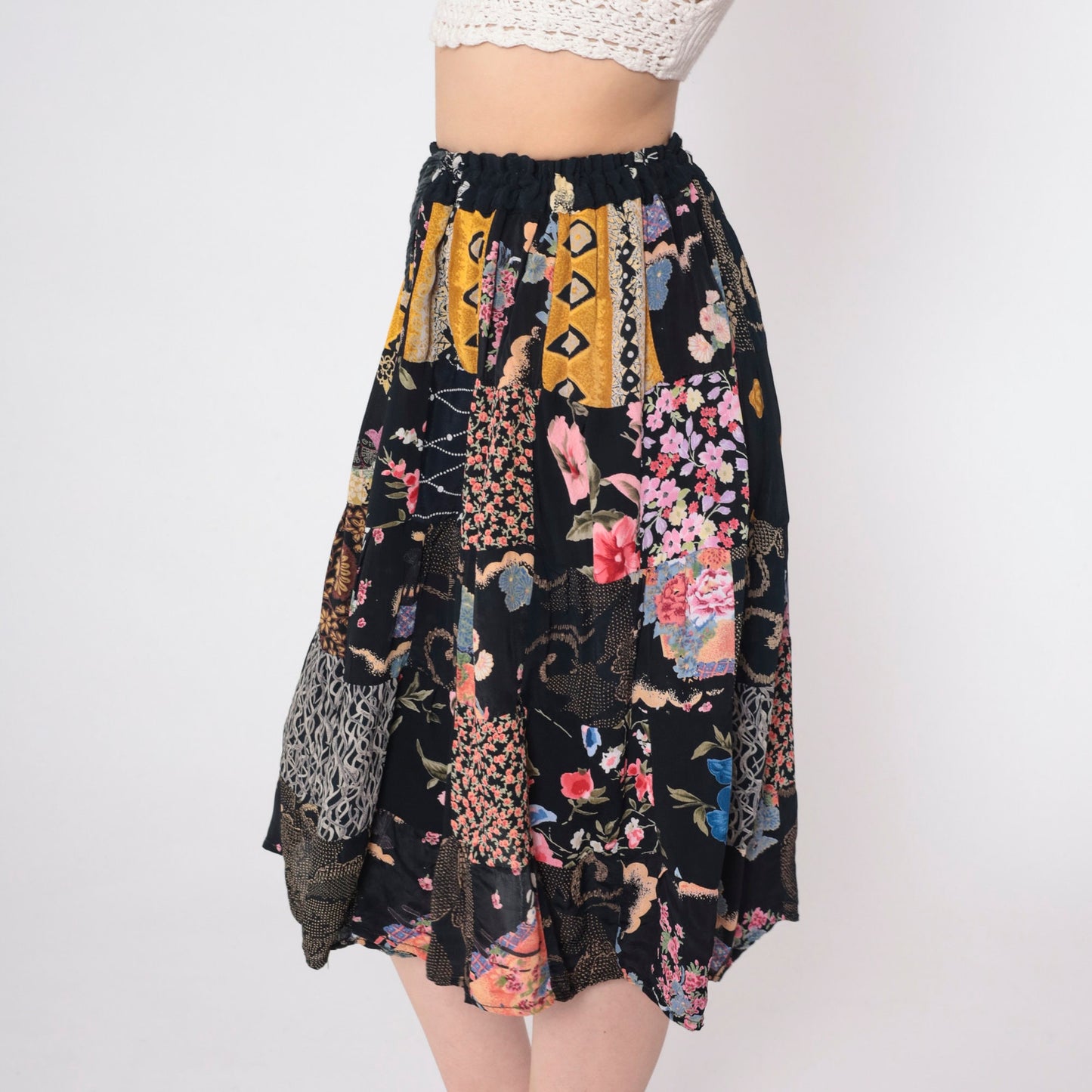 90s Black Floral Patchwork Midi Skirt Drawstring Waist One Size