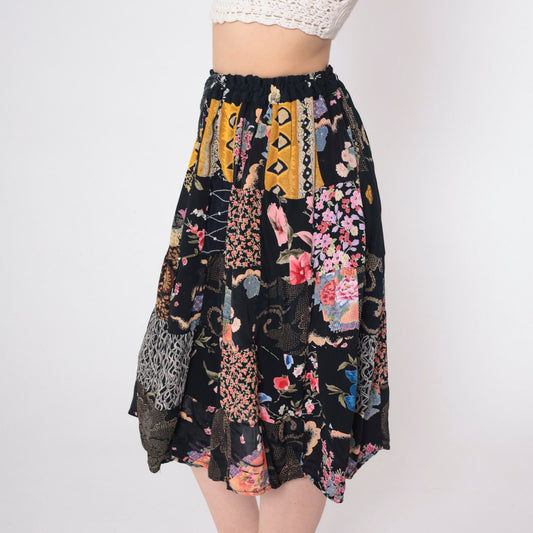 90s Black Floral Patchwork Midi Skirt Drawstring Waist One Size