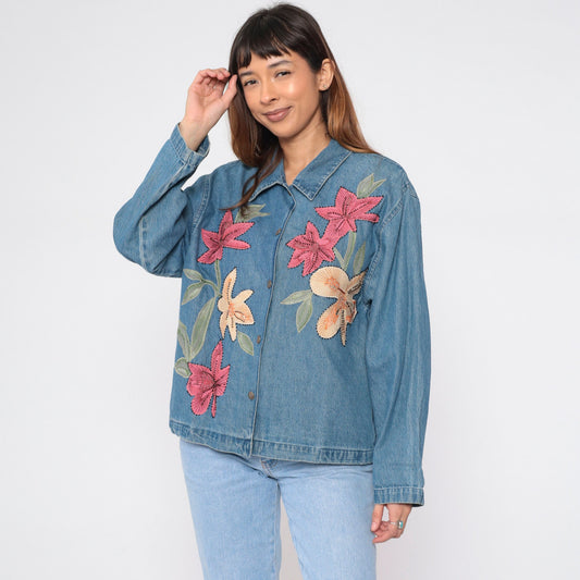90s Tantrums Denim Jacket Floral Embroidered Beaded Blue Large
