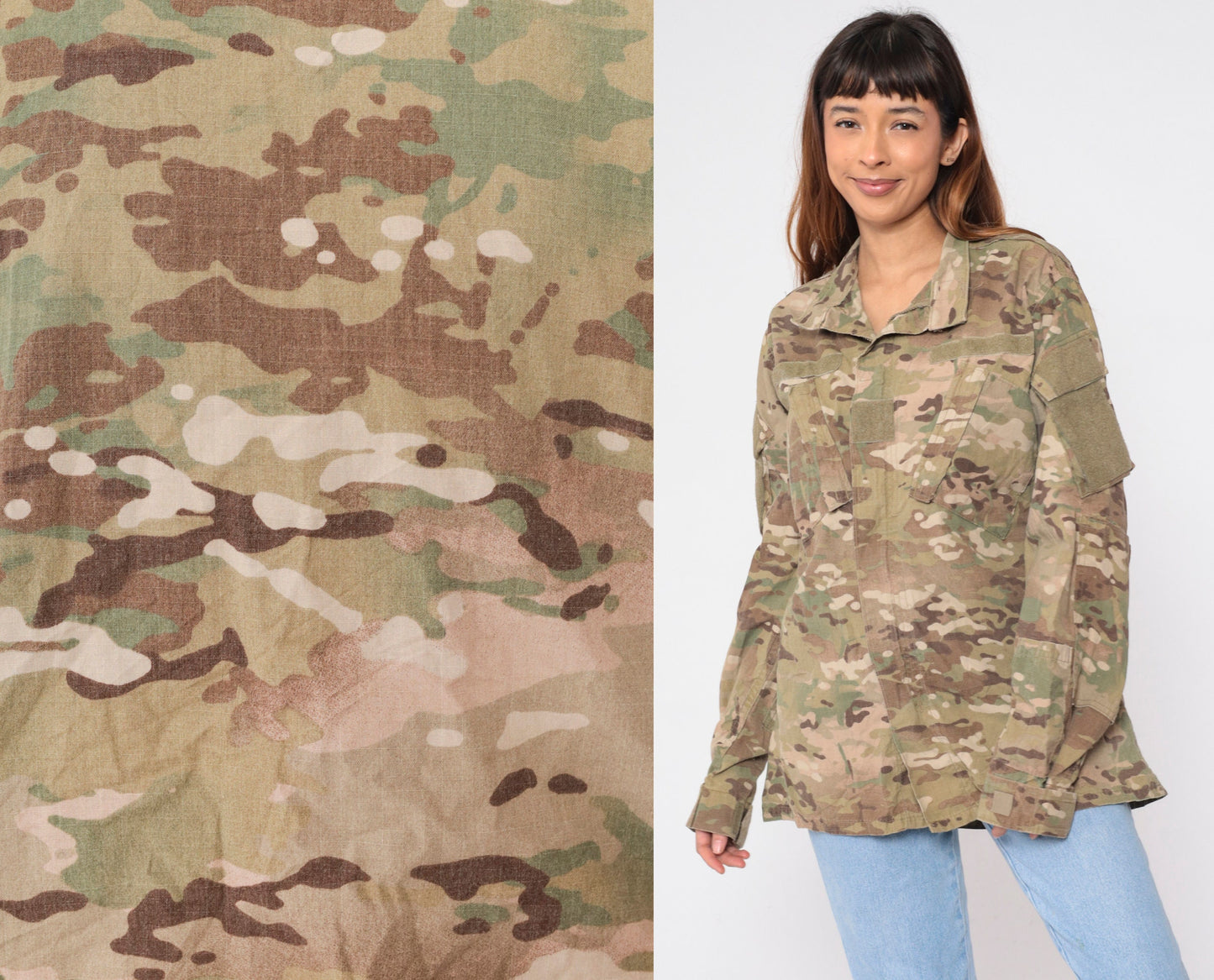 90s US Army Camouflage Jacket Velcro Patch Utility Zip Green Medium Long