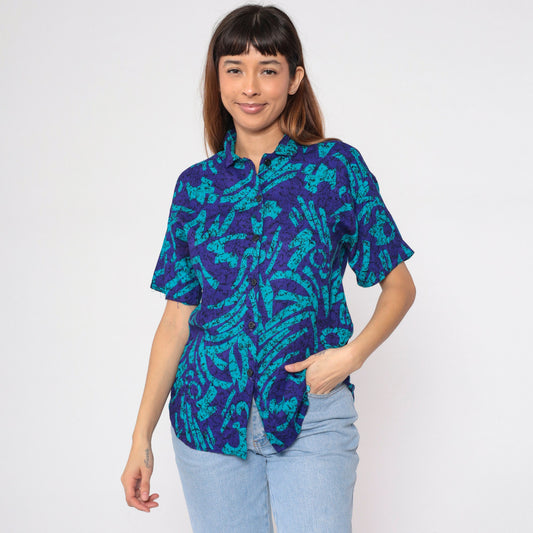 90s Abstract Marbled Button-Up Blouse Purple Blue Black Short Sleeve Medium