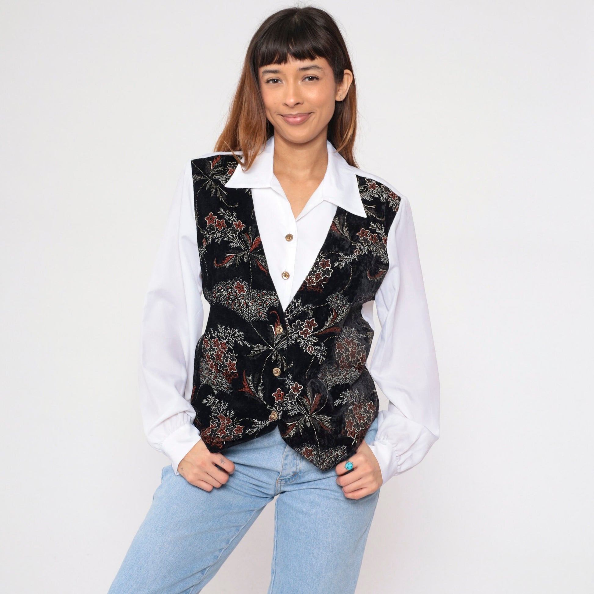 90s Joanna White Button-Up Blouse Black Floral Attached Vest Long Sleeve Large L