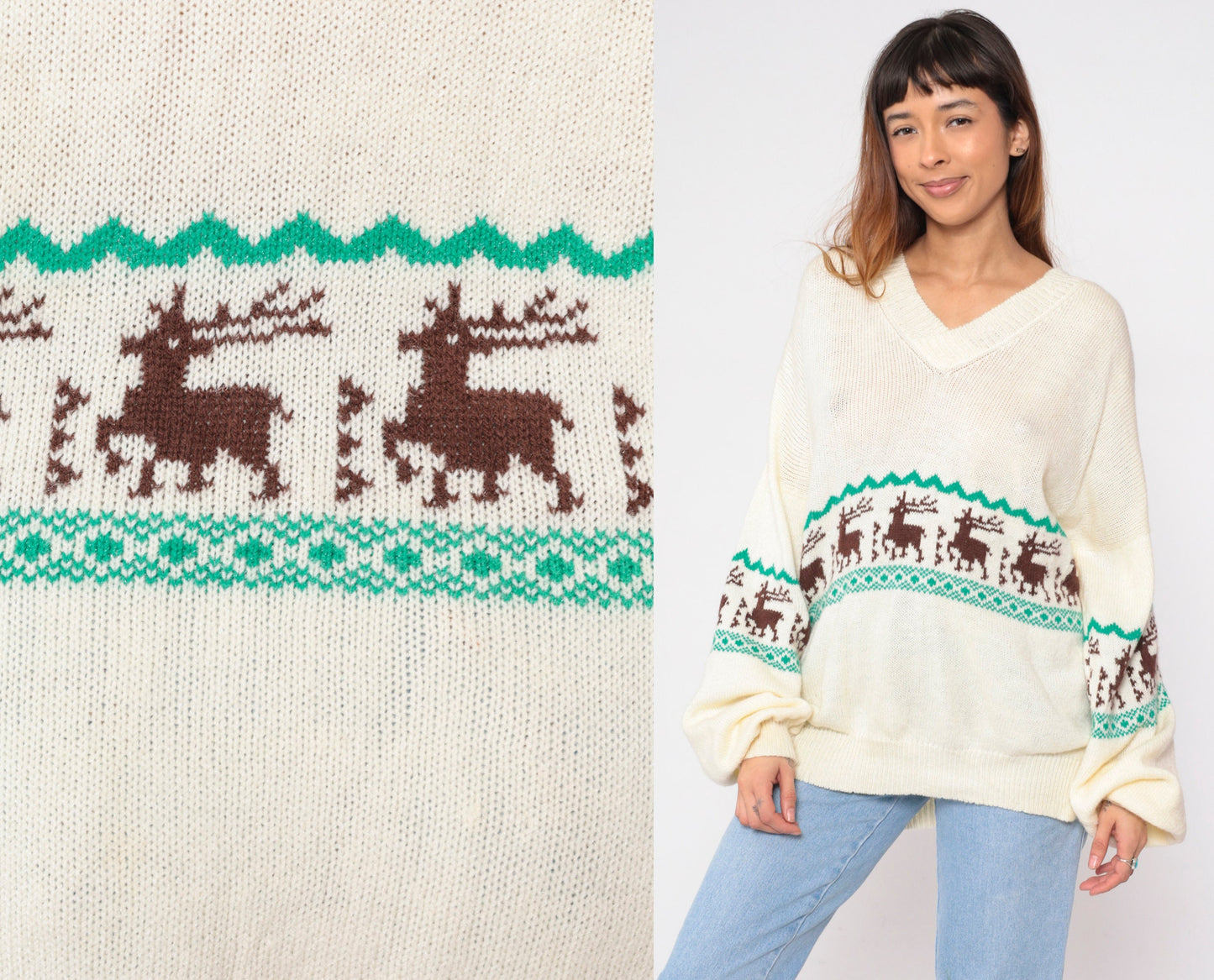 70s Elk Print Cream Knit V-Neck Sweater Striped Animal Pullover Large