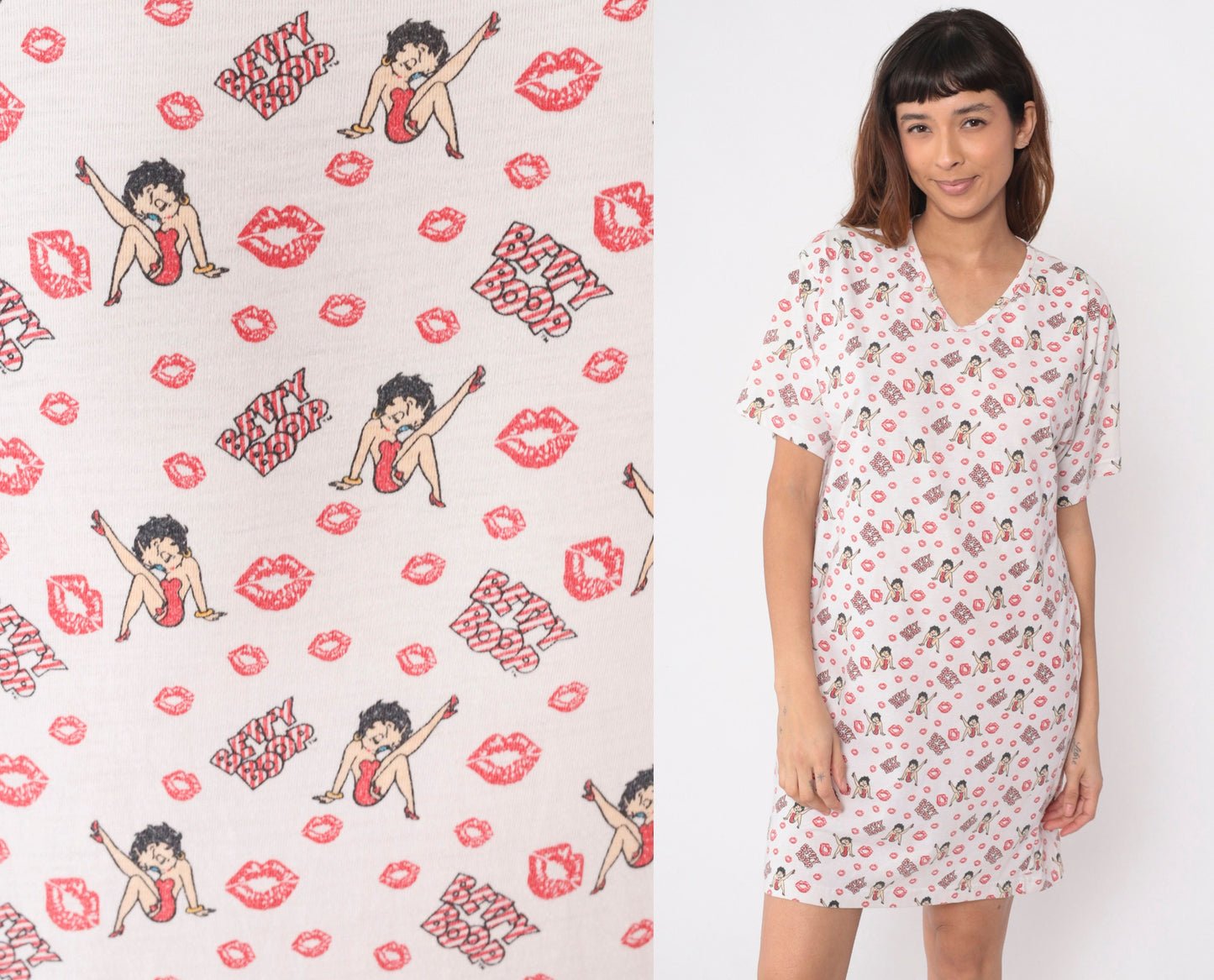 00s Betty Boop Kisses Print Nightie Dress V-Neck Mini Graphic Small S
