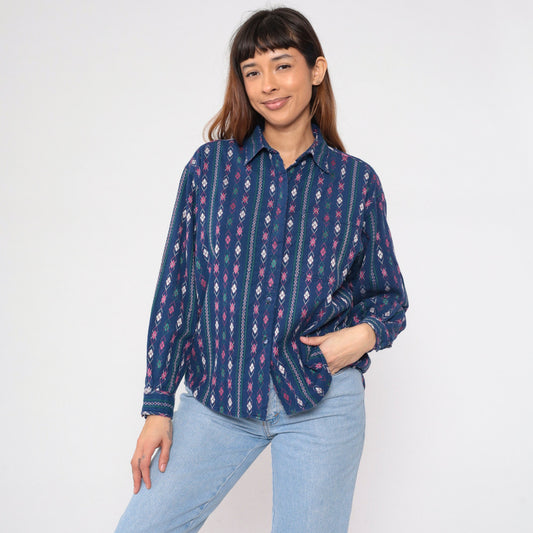90s Krazy Kat Blue Argyle Diamond Print Button-Up Blouse Long Sleeve Large L