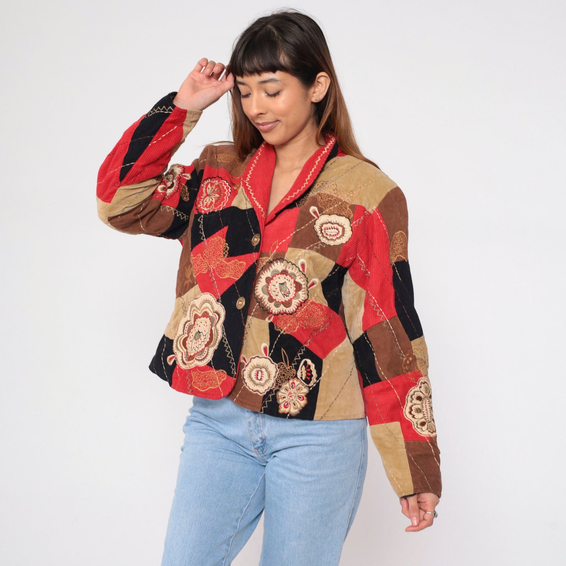 90s Patchwork Corduroy Blazer Floral Embroidered Button-Up Jacket Large L
