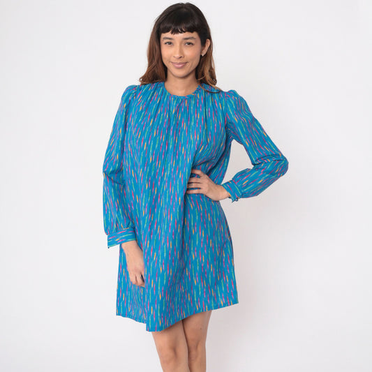 80s Mary Jane Corey California Striped Mini Dress Blue Puff Sleeve Shift Small