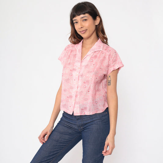 70s Pink Floral Button-Up Blouse Cap Sleeve Semi-Sheer Medium