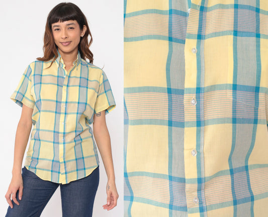 80s Yellow Blue Plaid Button Up Shirt Short Sleeve Collared Top Small S