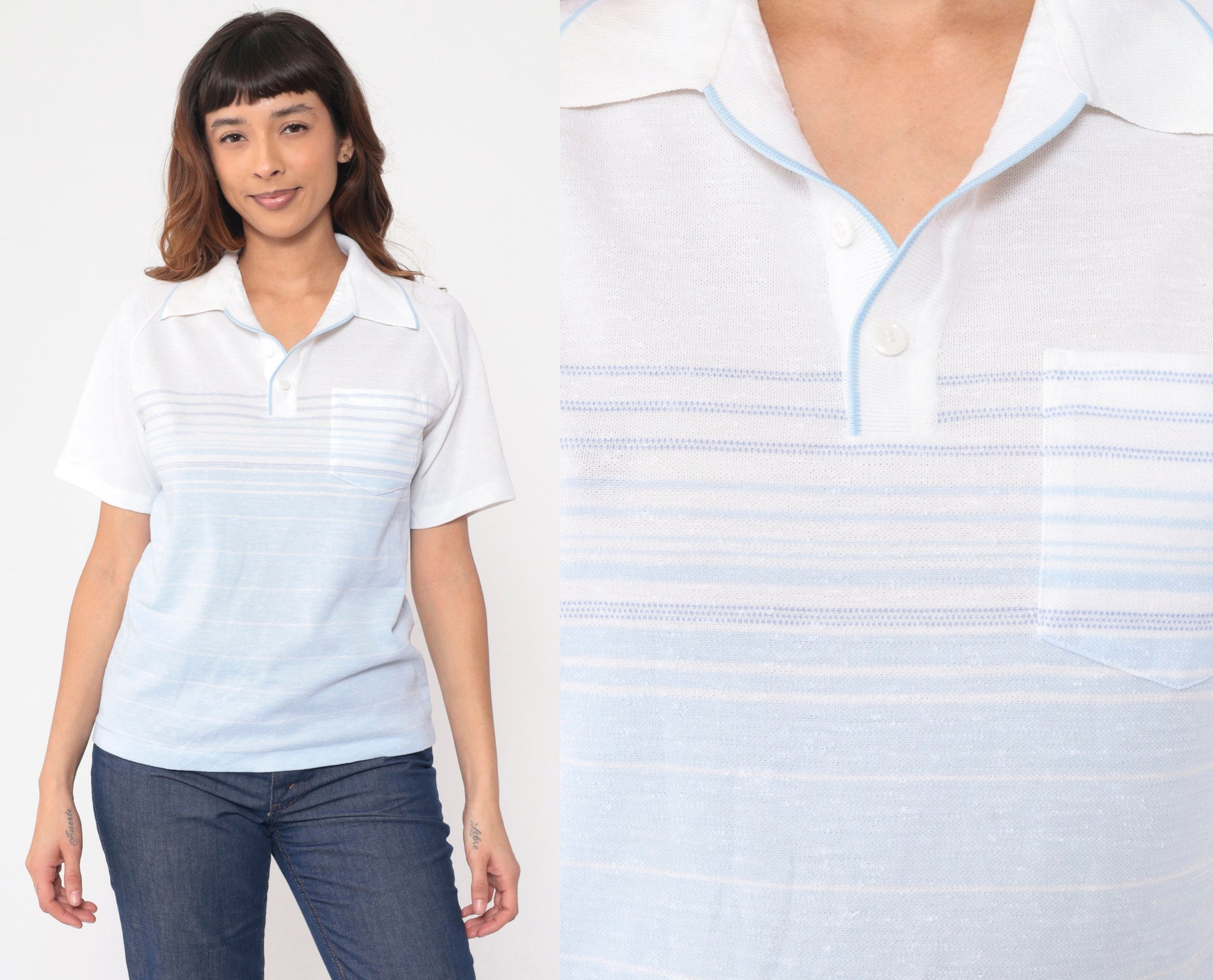 80s Status Club White Baby Blue Striped Polo Raglan Shirt Small