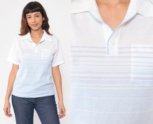 80s Status Club White Baby Blue Striped Polo Raglan Shirt Small