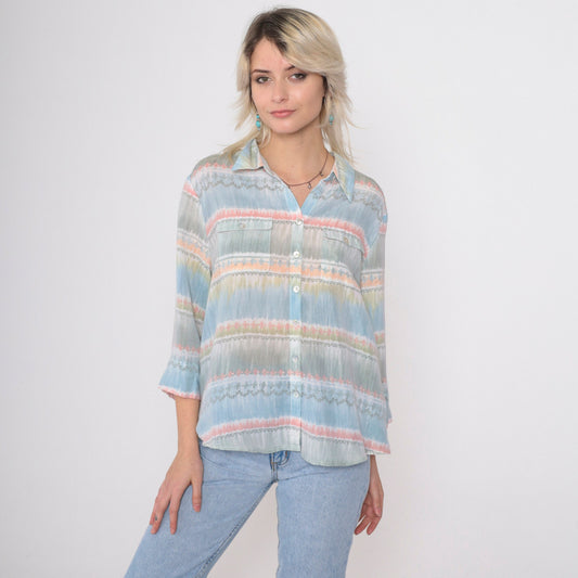 90s Alfred Dunner Striped Button-Up Blouse Muted Pastel 3/4 Sleeve Petite Large