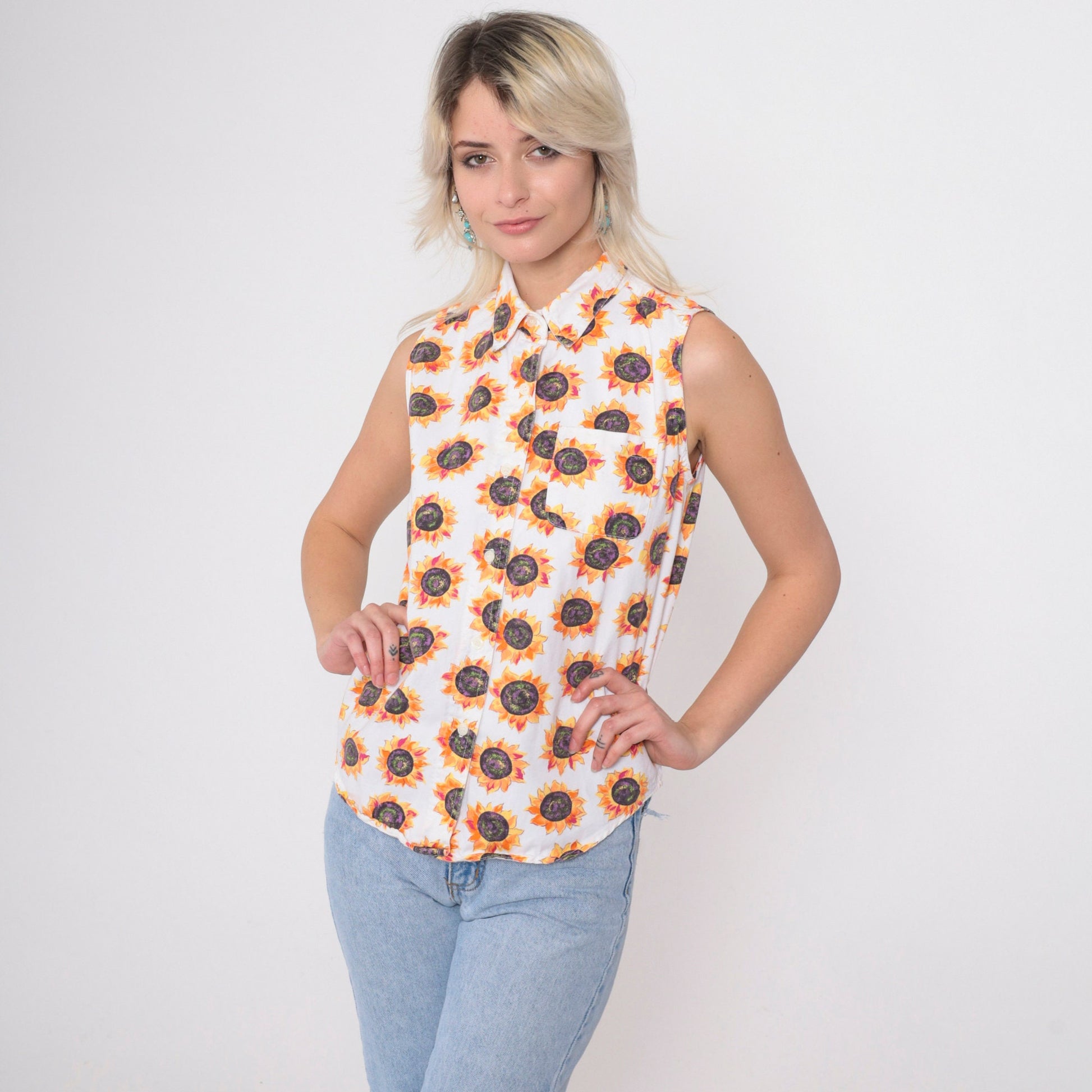 90s Sunflower Tank Top White Cotton Button-Up Sleeveless Blouse Small