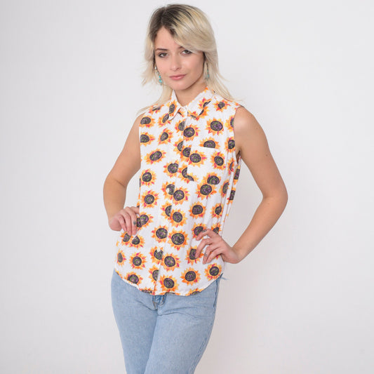 90s Sunflower Tank Top White Cotton Button-Up Sleeveless Blouse Small