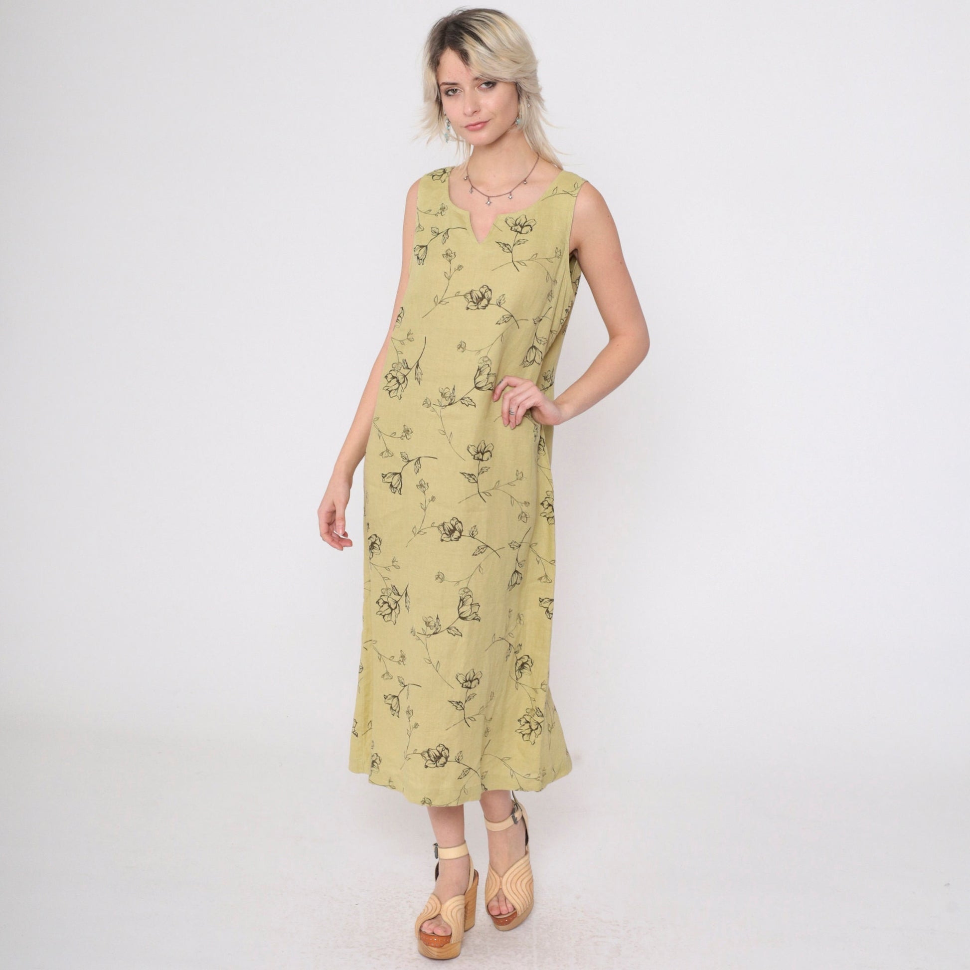 90s Style & Co. Floral Linen Midi Dress Chartreuse Sleeveless Slit Neckline Medium 10