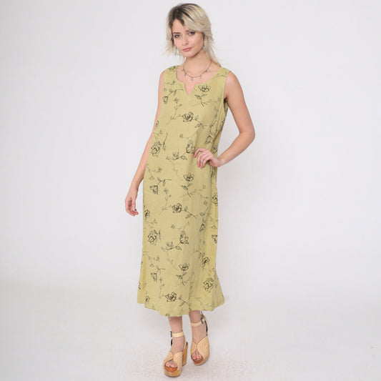 90s Style & Co. Floral Linen Midi Dress Chartreuse Sleeveless Slit Neckline Medium 10