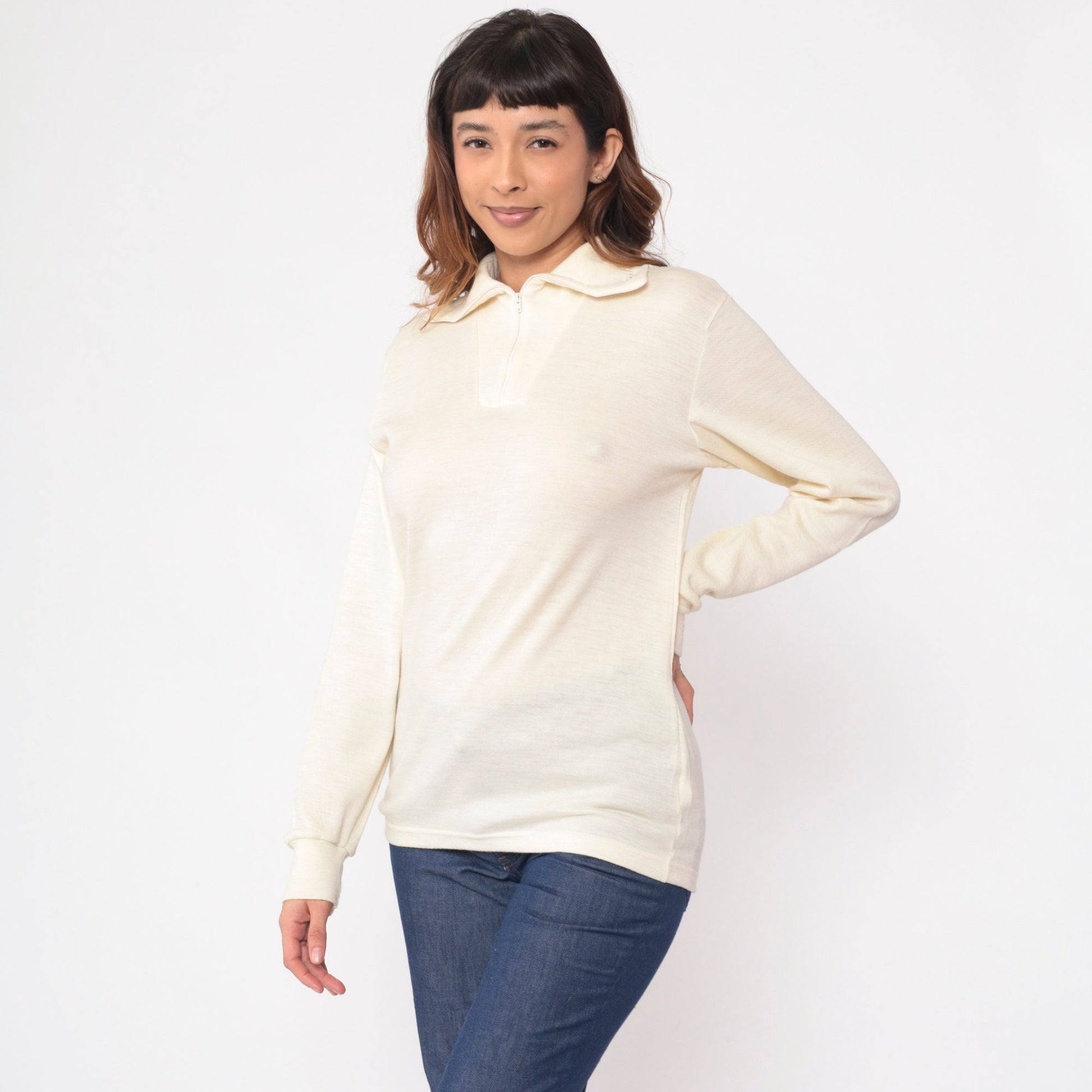 80s Devold Cream Wool Quarter Zip Pullover Long Sleeve Small