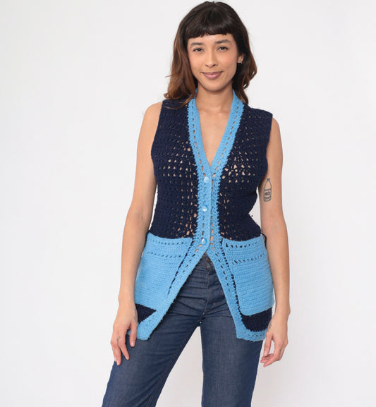 70s Navy Crochet Knit Vest Button-Up V-Neck Sheer Pockets Extra Small