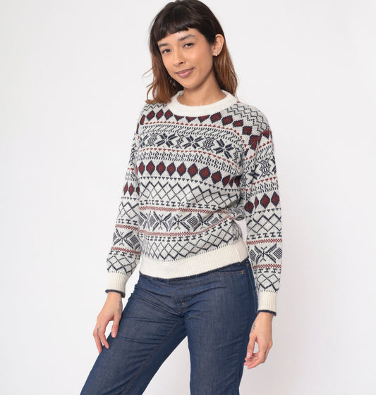 80s Fair Isle Snowflake Sweater White Navy Crewneck Pullover Extra Small