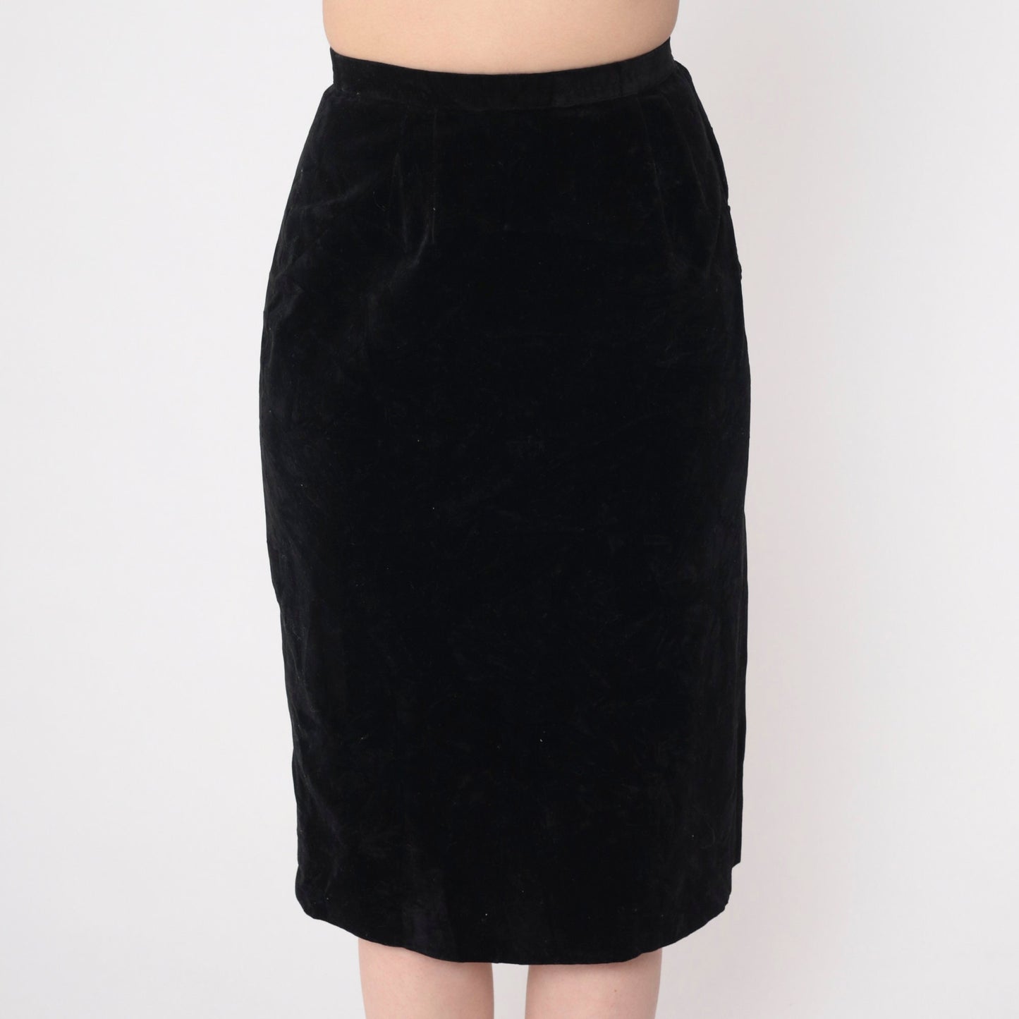70s Black Velvet Midi Pencil Skirt High Waisted Extra Small XS