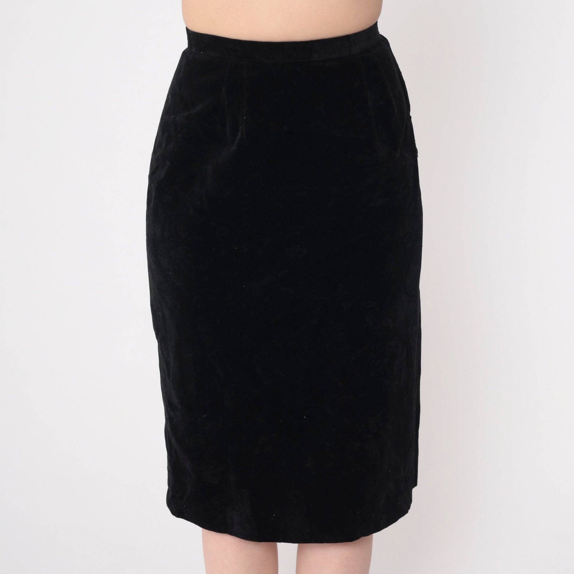 70s Black Velvet Midi Pencil Skirt High Waisted Extra Small XS
