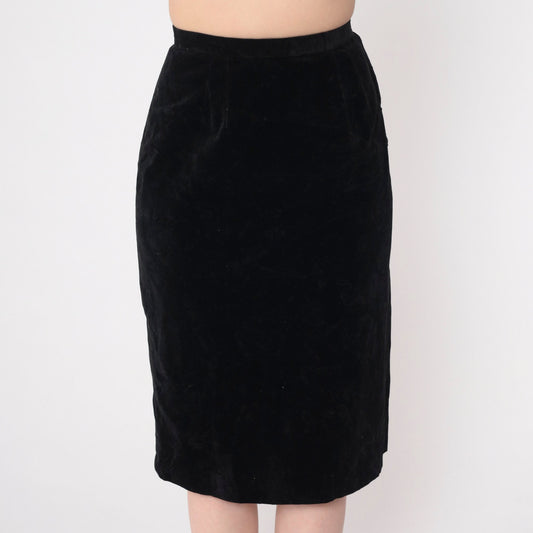 70s Black Velvet Midi Pencil Skirt High Waisted Extra Small XS